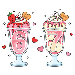 Six Seven Dessert Cup Illustration &ndash; Cute Strawberry Valentine Design