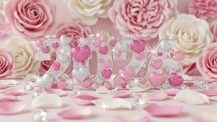 Romantic 2026 Glitter Typography with Pink and White Roses and Heart Decorations