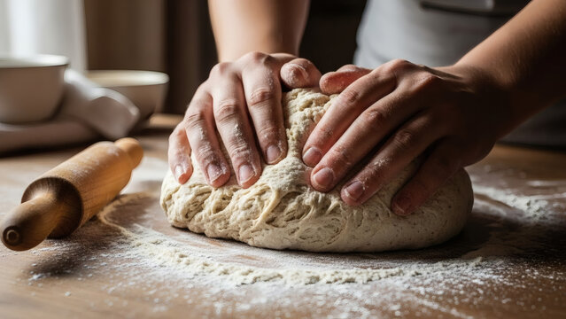 hands kneading dough on the table - Powered by Adobe