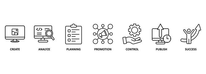 Banner content strategy vector illustration concept with keywords and icons