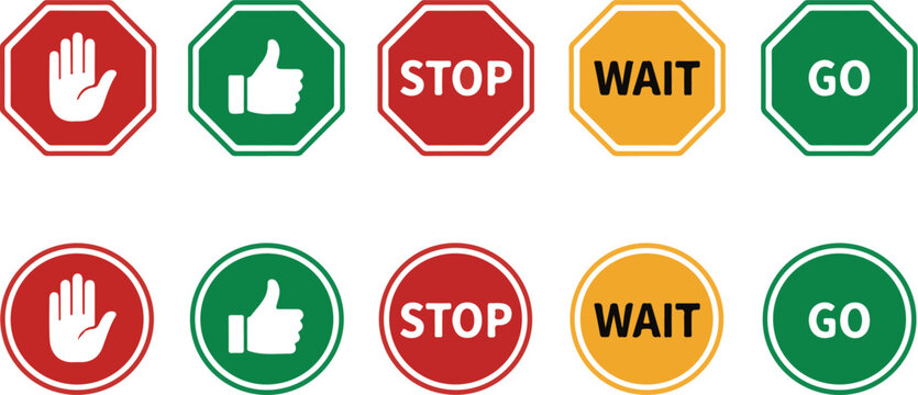 Collection of Stop Wait Go and Hand Signal Icons in Octagon and Circle Shapes stop sign wait sign