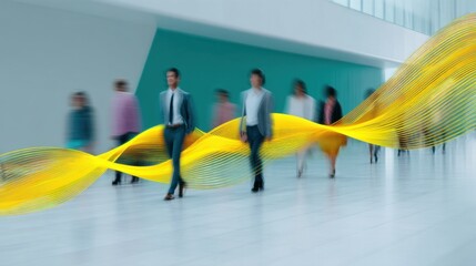 Busy modern office hallway with abstract yellow wave design symbolizing motion and connection among professionals in a vibrant business environment
