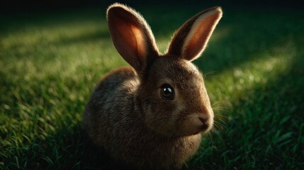 Obraz premium An adorable rabbit in a green field, captured in sunlight. This image evokes feelings of peace and nature.