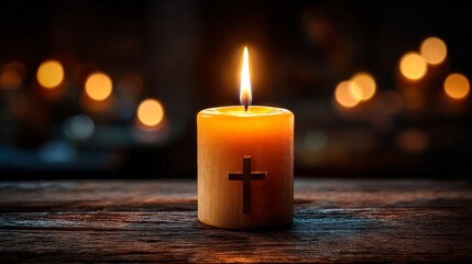 A softly lit candle with a cross symbolizing faith, hope, and remembrance. The warm glow creates a sense of peace and reverence.