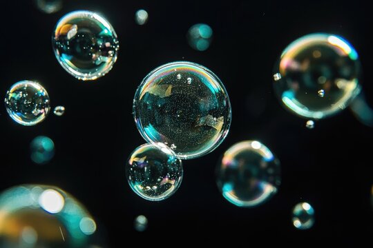 Shimmering soap bubbles float against a dark backdrop
