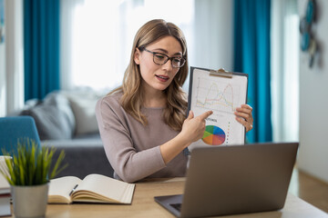 Business presentation on data analysis trends conducted from home office setting