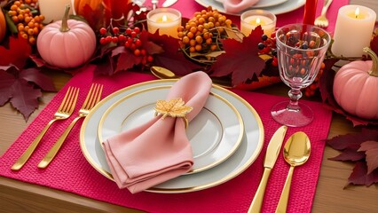 Festive autumn table setting featuring pink pumpkins and elegant gold cutlery