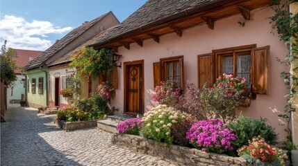 Traditional Czech village cottage with pastel plaster exterior wooden shutters and floral garden under gentle sunlight
