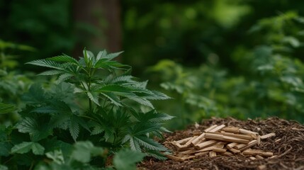 Lush Green Environment with Compost Heap Surrounded by Fresh Leaves and Natural Elements