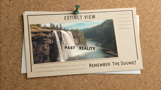 Vintage postcard of a waterfall pinned to a corkboard with extint view past reality remember the sound
