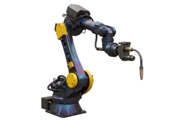 Industrial robotic arm for automated factory welding process isolated on transparent background