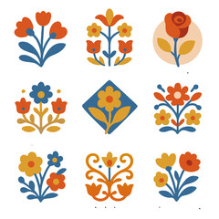 Nine floral designs in a simple folk style pattern. Suitable for fabric prints, stationery, and decorative items.