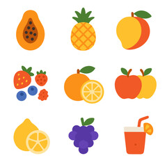 Fruit icons and juice ideal for food websites, beverage companies, recipe books, and healthy living blogs. Vibrant and enticing.