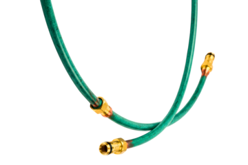 Green garden hose with brass connectors for watering plants isolated on transparent background