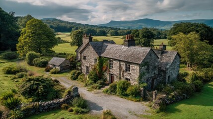 Traditional Welsh farmhouse with stone walls slate roof and lush green fields surrounding a gravel courtyard