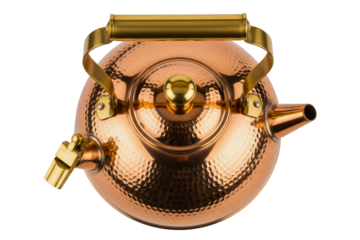 Vintage hammered copper tea kettle with a brass handle isolated on transparent background