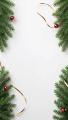 Vertical of elegant evergreen branches with classic red ornaments and a flowing gold ribbon on white. Perfect for chic holiday greetings. copy space