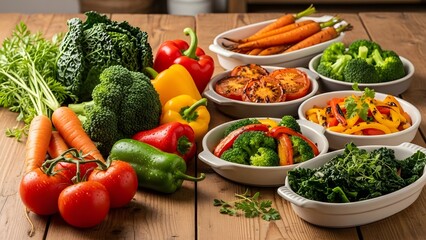 Assortment of fresh healthy vegetables and cooked dishes on a rustic wooden table