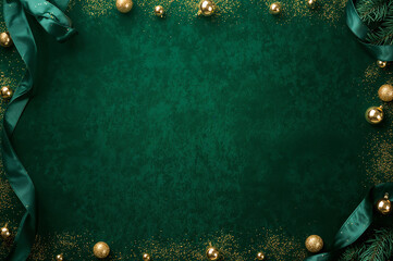 A rich green velvet background framed by elegant silk ribbons and sparkling gold ornaments. Perfect for sophisticated holiday designs. copy space