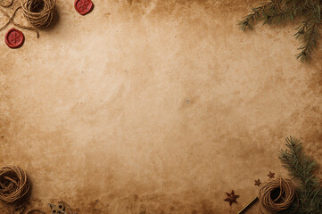 A rustic aged paper background framed by evergreen sprigs, red wax seals, and natural twine. Perfect for classic holiday letters. copy space