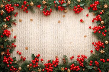 Festive pine branches, red berries, and golden stars on a warm white knitted background. Perfect for cozy seasonal greetings. copy space