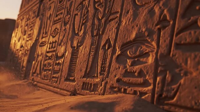 Ancient Egyptian Wall: Sandstorm, Hieroglyphs, and Dramatic Light