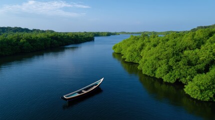 Fototapeta premium Tranquil Mangrove River Scene with Calm Waters and Lush Green Foliage Under Clear Sky