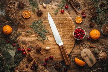 Rustic Holiday Food Prep, A top-down rustic flatlay featuring a chef's knife on a round wooden board, surrounded by fresh oranges, cranberries, star anise, and fragrant winter greenery.