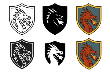 Fototapeta premium Dragon Shield Designs. Medieval shield featuring dragon head motif breathing protective flame, strong contrast, first in line