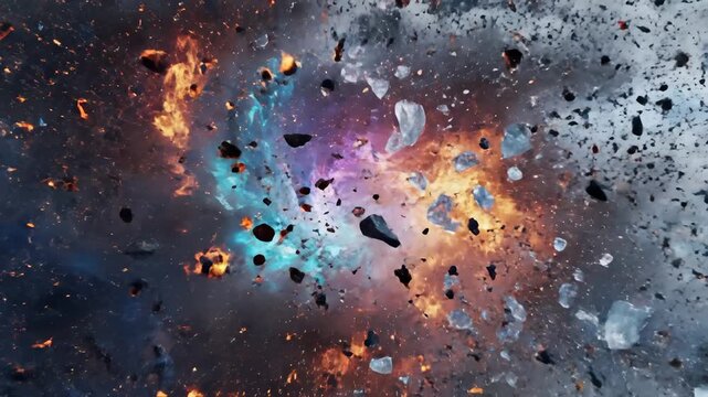 Explosion With Debris and Fireballs in Slow Motion, Destruction Concept