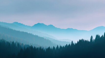 Naklejka premium Tranquil Misty Mountain Landscape with Layers of Trees and Hills in Soft Blue and Gray Tones for Nature and Scenic Photography Projects