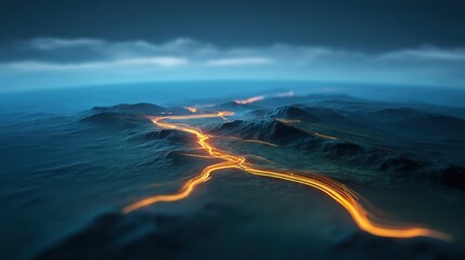 Fototapeta premium Digital Terrain with Illuminated Path and Scenic Landscape Under Dramatic Cloudy Sky at Dusk in a Futuristic Style for Artistic Projects