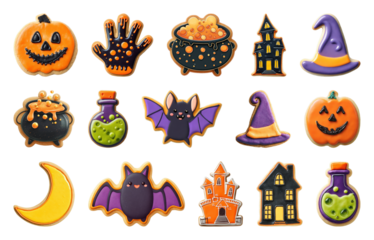 PNG Colorful Halloween-themed cookie designs, element set on transparent background