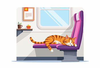 Peaceful Tabby Cat Resting on a Comfortable Train Seat with Sunlit Window Creating a Cozy Ambiance Inside a Modern Railway Compartment