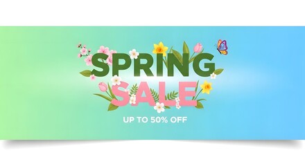 Colorful spring sale advertisement with floral elements and bright green typography