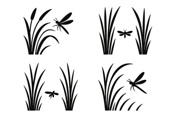 Obraz premium Reeds and Insect. Icons for: swamp reeds brushing a hovering insect, tall marsh stems framing a tiny flyer, wetland blades