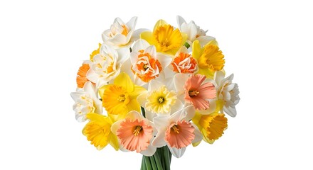Vibrant bouquet of spring flowers including daffodils roses and ranunculus