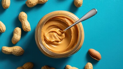 Peanut butter jar with a spoon sits surrounded by peanuts on a blue background