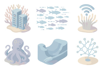 Naklejka premium Variety of sea creatures, including an octopus, fish, and a coral reef