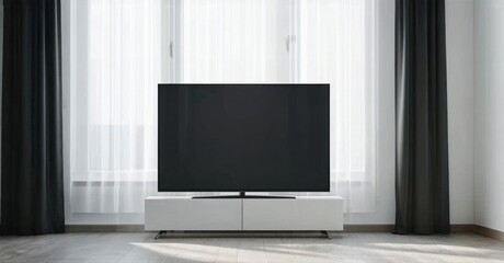 Fototapeta premium Minimalist living room features television set upon white console. Large window provides soft light, framed by dark curtains. Clean aesthetic.