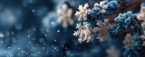 Winter blue background with delicate snowflakes and soft white bokeh for festive or seasonal design