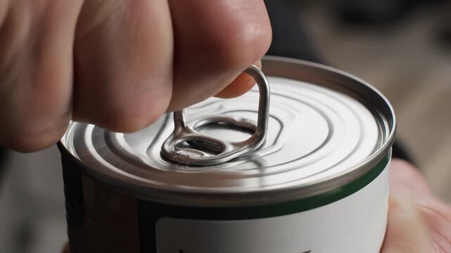 Opening a Silver Metal Can With Pull Tab, Close Up