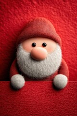 Cute Santa Claus peeking over a red edge, cozy Christmas mood with knitted hat and plush beard