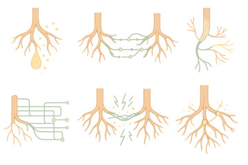 Fototapeta premium Series of drawings of tree roots, each with a different concept or mood