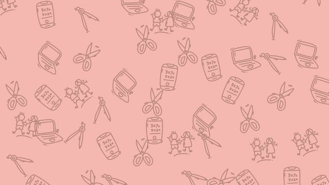 Pink background with a pattern of drawing tools, electronics, and stick figures. Perfect for designs related to art, technology, and creativity.