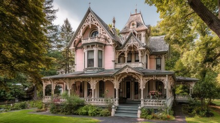 Fototapeta premium Victorian-style American home ornate woodwork wraparound porch decorative gables and pastel-painted siding surrounded by a well-kept garden and