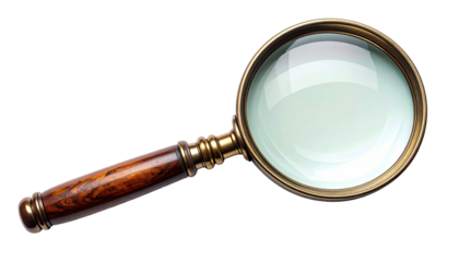 A classic magnifying glass with a brass frame and wooden handle, against a black background