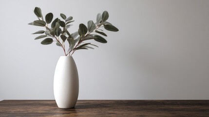 An ornate white ceramic vase with smooth contours holds lush green leaves on a wooden tabletop against a plain light gre