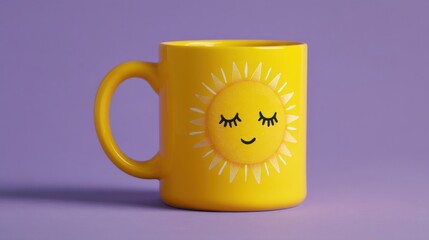 A bright yellow mug with a peaceful sun graphic sits against a solid lavender background,