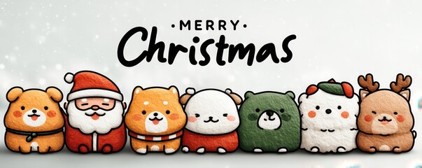 Fototapeta premium Merry Christmas: cute cartoon animals lined up in a festive group portrait